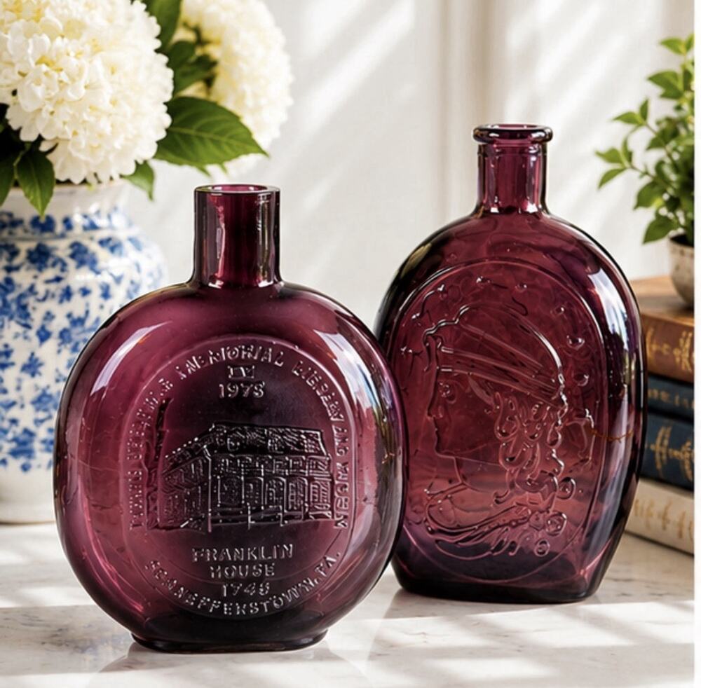 Vintage Amethyst Glass Bottles Flask Eagle Schaefferstown Liberty Bell Set of 2